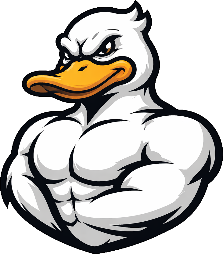 The Inflated Duck mascot — a heavily muscled duck with an orange bill, arms crossed