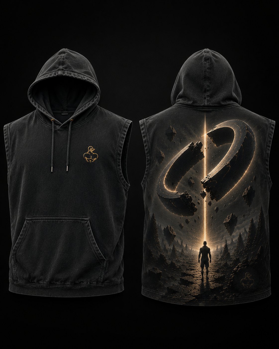Black sleeveless hoodie, front and back. Gold embroidered duck logo at the chest; the back carries a glowing gold monogram breaking apart over a dark landscape.