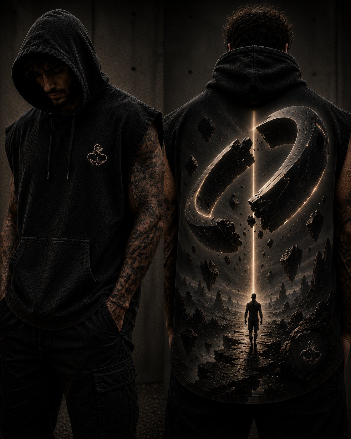 Model wearing the black sleeveless Inflated Duck hoodie, shown from the front and from the back