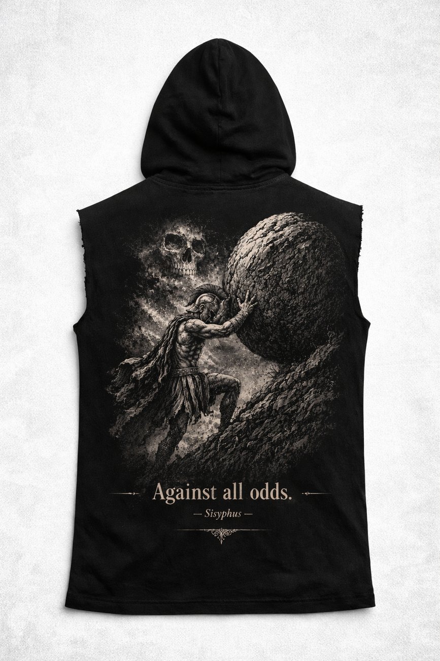 Black cut-off hoodie printed with a warrior pushing a boulder uphill and the text “Against all odds. – Sisyphus –”
