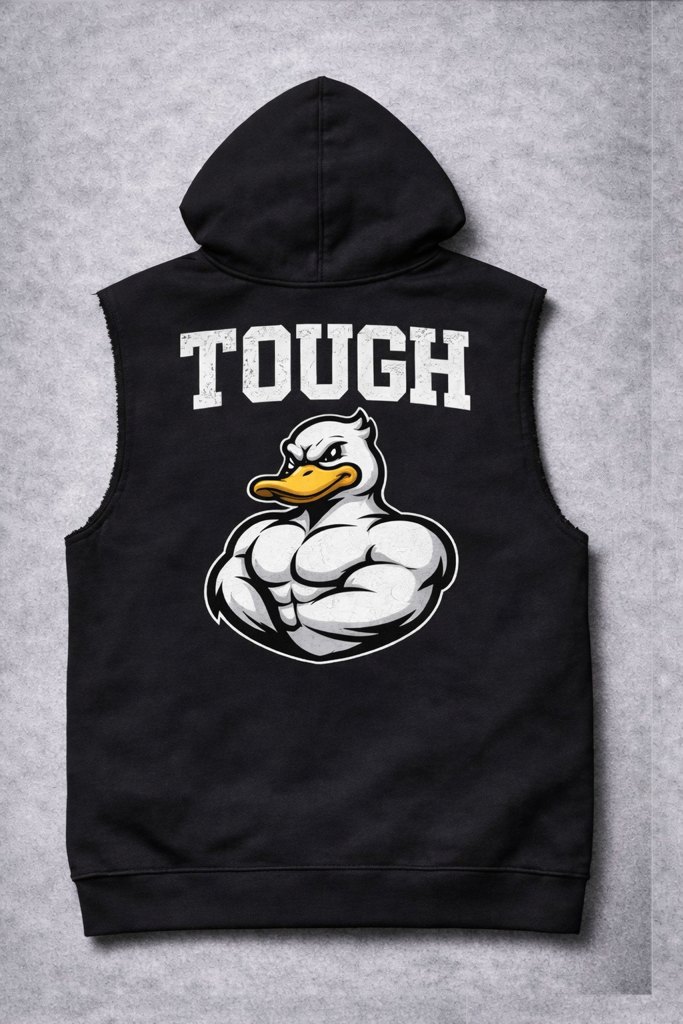 Black sleeveless hoodie with varsity lettering reading “TOUGH” above the Inflated Duck mascot